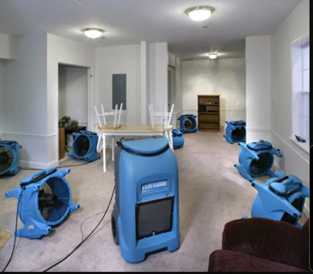Air movers and dehumidifier setup for Water Damage Restoration in Kentfield